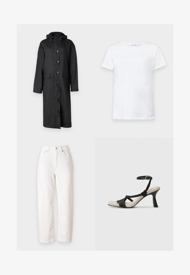 Lungo impermeabile nero con cappuccio, dotato di chiusure a bottone a pressione, due tasche frontali e una texture liscia. Design casual con maniche lunghe.; T-shirt bianca a maniche corte in cotone con design a girocollo. Tessuto liscio e taglio dritto, senza motivi o accenti.; Jeans in denim bianco con design a gamba dritta, vita alta, chiusura con zip e bottone in metallo. Presentano cinque tasche e cuciture sottili.; Sandal con tacco nero e design con cinturino intrecciato, punta quadrata e cinturino alla caviglia regolabile. Soletta beige chiaro con tacco nero lucido.