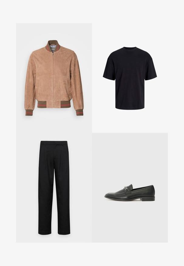 Jasnobrązowa skórzana kurtka bomberka z zamkiem z przodu, prążkowanymi mankietami i pasem, a także kontrastującymi czerwonymi paskami na mankietach.; Czarna bawełniana koszulka z okrągłym dekoltem, krótkimi rękawami i luźnym krojem. Gładka tekstura, bez widocznych wzorów czy akcentów.; Czarne spodnie wykonane z gładkiego materiału, z prostą nogawką, dwoma fałdami z przodu oraz standardowym paskiem z wypustkami na pasek.; Czarne skórzane mokasyny o gładkim wykończeniu, z haftowanym wzorem i dekoracyjnym akcentem z metalowego łańcucha na wierzchu. Płaska pięta.