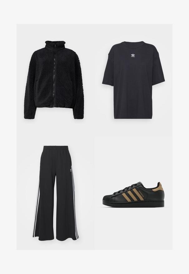 BDG Urban Outfitters OLIVE BOXY - Casaco polar - black; T-shirt de algodão preto com mangas curtas, decote arredondado, apresenta um logótipo branco da Adidas no peito. Design simples, ajuste descontraído.; Calças de suor largas e pretas com uma cintura elástica, apresentando riscas brancas nas laterais e um logótipo bordado na coxa esquerda.; Sapatilha de couro preta com três riscas castanhas, biqueira de borracha texturizada, sistema de atacadores, e sola plana preta. Apresenta um logotipo discreto no calcanhar.