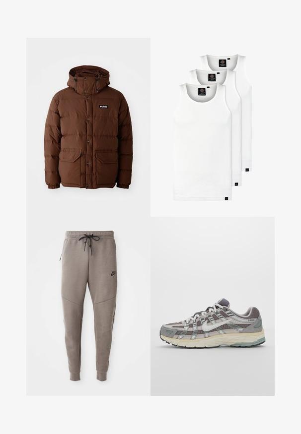 Rudas pūkinis švarkas su gobtuvu, su užtrauktuko uždarymu, užsegamais mygtukais ir dviem priekinių kišenių. Pagamintas iš siuvinėto, vandeniui atsparaus materijos.; Trys balti, dryžuoti marškiniai be rankovių, pagaminti iš medvilnės. Yra apvalus kaklas ir maži juodi etiketės netoli siūlės. Siūlomi įvairių dydžių.; Pilkos Nike kelnės su raišteliu liemenyje, siaurėjančiomis kojomis, šoninėmis kišenėmis ir išskirtiniais siūlų detalėmis. Minkšta, tekstūruota medžiaga.; Pilkas sportinis batas su tinklu ir zomšos viršutine dalimi, baltomis detalėmis, paminkštintu padu ir išskirtiniu dizainu su atspindinčiais elementais.