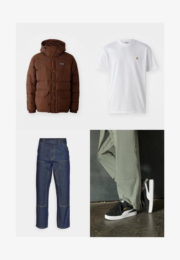 Pruun puffjakker koos kapuutsiga, lukuga kinnitamine, nööbid ja kaks eesmist taskut. Valmistatud räätsiga, veekindlast materjalist.; Valge puuvillane t-särk lühikeste varrukatega, ümmargune kaelus, millel on väike kuldne logo vasakul rinnal. Pehme tekstuur ja regulaarne lõike.; Tumedast sinisest denimmaterjalist teksad kõrge talje, sirge sääre disainiga, kontrastsete õmblustega ning ees taskud plaastritega.; Mustad nubukist spordijalatsid valgete kummist tallade ja külgriidega, koos heleda rohelise cargo-pükstega, seistes tekstureeritud tumedal pinnasel.