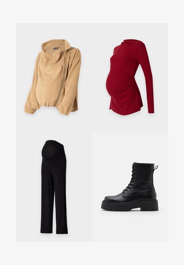 Barna bolyhos dzseki magas gallérral és cipzáros elülső résszel. Hosszú ujjakkal és puha, texturált felülettel rendelkezik. Egyszerű, funkcionális dizájn.; Hosszú ujjú, bordázott textúrájú piros kismama felső, drapált nyakkivágással és oldalsó ráncolással, amely alkalmazkodik a növekvő pocakhoz.; Fekete kismama nadrág, rugalmas, testhezálló derékrésszel és széles lábazattal. Puha anyagból készült, kényelmet és támogatást nyújt.; Fekete bőr bokacsizma, kerek orral, fűzős elülső résszel és vastag, texturált gumitalppal. Húzófül hátul.