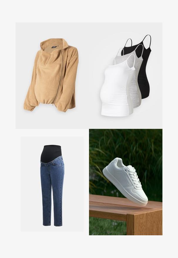 Kreemjas fliistekk, millel on kõrge kaelus ja lukuga esiosa. Omab pikaid varrukaid ja pehmet, tekstureeritud pinda. Lihtne ja funktsionaalne disain.; Kolm emme tank topi valges, hallis ja mustas värvitoonis. Veniv kangas, reguleeritavad õhuke rihmad ja mugavuse tagavad volditud külgseemed.; Rasedusjeansid sinise denimi jalgadega ja musta veniva kõhuplaadiga, mis on mõeldud toetama ja katma kasvavat kõhtu.; Valged sneakerd, millel on sile sünteetiline ülemine osa, väikeste aukudega varvaskast, lamedad paelad ja tekstuuriga tald, eksponeeritud puidust pinnal.