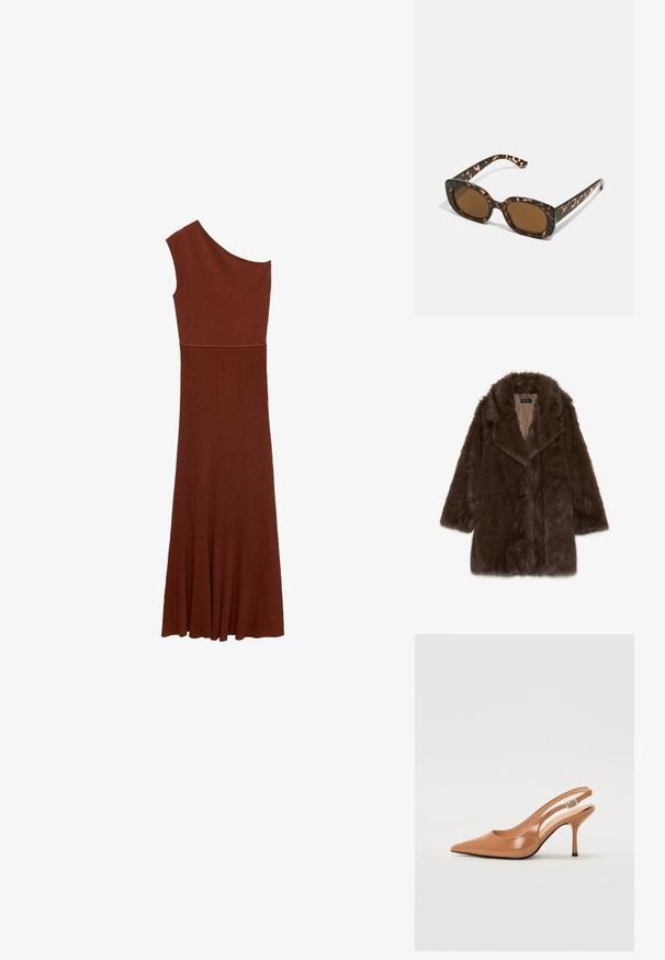 Hnědý kabát z umělé kožešiny s širokým límcem, dlouhými rukávy a otevřeným předním dílem. Má měkký, strukturovaný povrch a hladkou vnitřní podšívku.; Asymetrické hnědé šaty s ribovým vzorem a designem jednoho ramene; těsný korzet se rozšiřuje do široké sukně. Hladká textura po celé délce.; Sandy poprsko s úzkým podpatkem v hladkém, lesklém odstínu tan. Obsahuje zakřivený design s výřezem a štíhlý jehlový podpatek. Detail se stříbrnou sponou.; Sluneční brýle ve skořápce želvy s kulatým, širokým rámem a hnědými čočkami. Mají jemné vzory a rovné, zúžené stranice.; Hnědá semišová taška s dvěma dlouhými popruhy, stahovací šňůrkou a minimalistickým designem. Hladký povrch a žádné viditelné kovové akcenty.