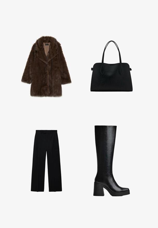 Ruskea keinotuuliturkki, jossa on leveä kaulus, pitkät hihat ja avoin etuosa. Ominaisuuksiin kuuluu pehmeä, tekstuuri pinta ja sileä sisävuori.; Mustana neulottuna neuleena, jossa on ribbireunuksellinen pyöreä kaula-aukko, pitkät hihat ja suora helma. Pehmeä tekstuuri, minimalistinen muotoilu ja monikäyttöinen tyyli.; Musta korkea vyötärö, leveälahkeiset housut, joissa on vyölenkit ja sivutaskut, etuosassa vetoketjukiinnitys ja nappi.; Mustat polven yläpuolelle ulottuvat saappaat, jotka on valmistettu muotoilleusta synteettisestä materiaalista. Niissä on neliömäinen kärki, paksu korkea kanta ja sileä, kiiltävä pinta.; Mustavihreä nahkalaukku, jossa on kaksinkertaiset olkahihnat, suorakaiteen muotoinen ja minimalistinen muotoilu valkoisella taustalla.