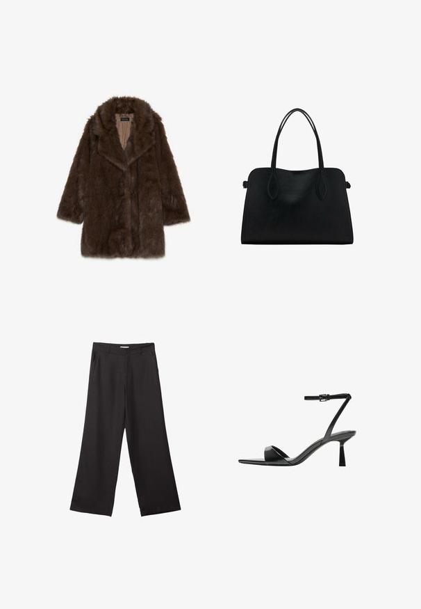 Brązowy płaszcz z sztucznego futra z szerokim kołnierzem, długimi rękawami i otwartym przodem. Posiada miękką, teksturowaną powierzchnię oraz gładką podszewkę.; Czarny, długi sweter z dzianiny z poduszkami na ramionach oraz prążkowanymi mankietami i dołem, pokazany na białym tle.; Czarne spodnie z szerokimi nogawkami, wykonane z gładkiego materiału, z przednim zamkiem błyskawicznym i dwoma bocznymi kieszeniami, o dopasowanym kroju i minimalistycznym wzornictwie.; Bershka - Sandały na obcasie; Czarna skórzana torba na ramię z podwójnymi paskami, prostokątny kształt i minimalistyczny design na białym tle.