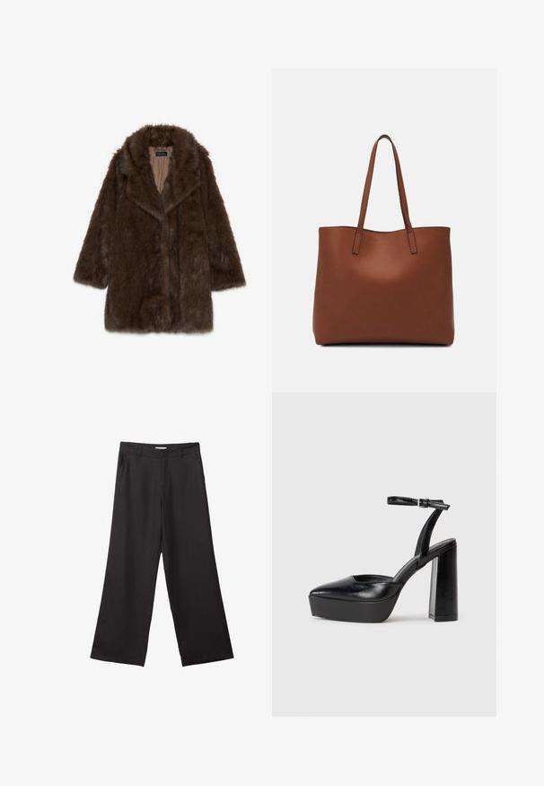 Rjav umetni krznen plašč z širokim ovratnikom, dolgimi rokavi in odprtimi sprednjimi deli. Ima mehak, teksturiran površinski material in gladek notranji podložek.; Črn brez rokavov crop top, izdelan iz gladkega materiala, z okroglim izrezom in čistim, preprostim dizajnom brez vzorcev ali dodatkov.; Črne široke hlače iz gladkega materiala, z sprednjim zadrgo in dvema stranskima žepoma, s prilagojenim krojem in minimalističnim dizajnom.; Črne platforme z visokimi petami in koničastim nosom ter nastavljivim gležnjenjskim trakom. Narejene iz gladke usnje, s kockasto peto.; Rjava usnjena torba z gladko teksturo, odprto zasnovo zgoraj in dvema naramnima trakovoma. Opremljena je z minimalnim šivanjem in brez vidnih kovinskih delov.