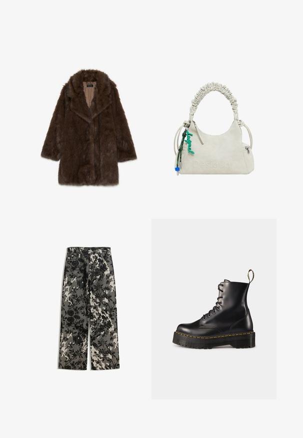 Hnědý kabát z umělé kožešiny s širokým límcem, dlouhými rukávy a otevřeným předním dílem. Má měkký, strukturovaný povrch a hladkou vnitřní podšívku.; Tři dlouhé rukávy v světle modré, černé a bílé barvě. Design zahrnuje kulatý výstřih a měkkou, lehkou texturu látky.; Středně vysoké široké kalhoty s texturovaným černo-bílým květinovým vzorem na šedém pozadí, s klasickým pasem a předními kapsami.; Černé kožené kotníkové boty na šněrování s mohutnou černou podrážkou a žlutým prošíváním. Mají poutko na zadní straně a kulaté kovové očko.; Béžová kabelka z umělé kůže s řaseným madlem, zipovou kapsou a zeleným přívěskem. Hladký povrch, decentní embosované logo a elegantní design.