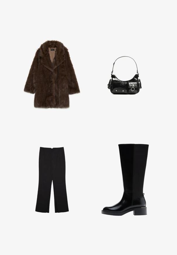 Hnedý kabát z umelého kožušiny s širokým golierom, dlhými rukávmi a otvoreným predným dielom. Má mäkký, textúrovaný povrch a hladký vnútorný podšívku.; Čierny dlhý rukáv skrátený top s okrúhlym výstrihom, jednofarebný dizajn a mierne zakrivený lem.; Čierne nohavice so strihom rovného strihu, s prednými vreckami a bočnými rozparkami na leme. Vyrobené z mäkkej, hladkej tkaniny. Vhodné na rôzne príležitosti.; Čierna čižma po kolená s hladkým koženým povrchom, výrazným šitím, masívnym podpätkom a textúrovaným zadným panelom pre väčší záujem.; Čierna laková kožená kabelka s ohnutým tvarom, jedným ramenným popruhom, prednými vreckami a striebornými kovovými doplnkami.