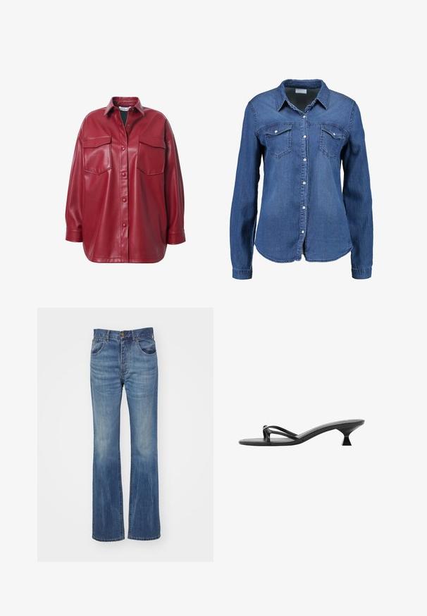 Camicia oversize in pelle rossa con colletto appuntito, chiusura frontale con bottoni e due tasche sul petto. Texture liscia e vestibilità rilassata.; Camicia in denim blu medio con maniche lunghe, apertura a bottoni, colletto a punta e due tasche sul petto. Tessuto morbido con taglio standard.; Jeans in denim blu a zampa d'elefante con lavaggio medio, caratterizzati da una vita alta, passanti per cintura e tasche anteriori. Texture liscia con minimale usura.; Sandali neri con tacco caratterizzati da un design elegante, cinturini sottili e un tacco triangolare unico. Texture liscia con un aspetto minimalista.