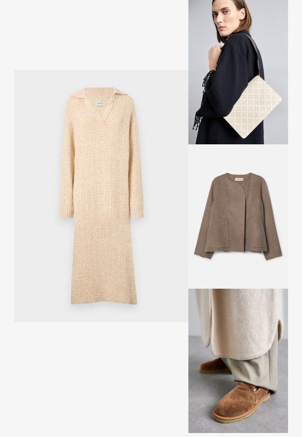 Vanessa Bruno CHANN - Poletna jakna - taupe; Pleteni bež pulover s V-izrezom in ovratnikom, dolgimi rokavi in rebrovanimi manšetami. Mehak material s subtilnim teksturiranim vzorcem po celotni površini.; Rjave semiš copate z zaobljenim nosom, gumijastim podplatom in stranskimi izrezi, v kombinaciji s svetlo bež krojenimi hlačami.; Bežna torba z vzorcem, strukturirane oblike, z rjavim teksturiranim pasom. Nosena na modelu ob sivi podlagi.