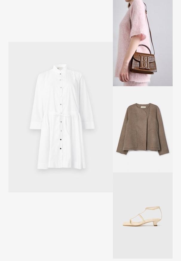 Vanessa Bruno CHANN - Summer jacket - taupe; White button-up dress featuring a mandarin collar, long sleeves, cinched waist with a tie, and contrasting black buttons along the front.; Beige heeled sandals with a T-strap design, square toe, adjustable ankle strap, and a low, block heel. Smooth leather material.; Brown crocodile-embossed handbag with a top handle and shoulder strap. Features a prominent logo on the front flap. Soft texture.