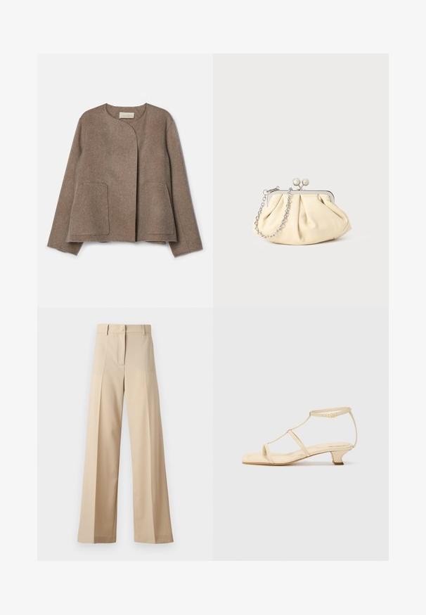 Vanessa Bruno CHANN - Kevyt takki - taupe; Valkoinen ribbattu lyhythihainen paita, jossa on leveä pääntie. Tekstuurissa on pystysuoria raitoja, jotka korostavat tiukkaa istuvuutta ja yksinkertaista muotoilua.; Beige leveled trousers made from smooth fabric, featuring a flat front with folds, a zip fly, and belt loops. Overall tailored fit.; Beige-korkon sandalit, joissa on T-nauha muotoilu, neliön muotoinen varvas, säädettävä nilkkahihna ja matala, lohkare-korko. Sileä nahkamateriaali.; Beige nahkaista kassi, jossa on laskostus ja hopeinen metallirunko, kaksi pyöreää koristeellista solkea sekä hopeaketjuolkayh.