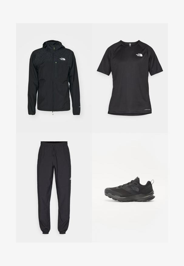 The North Face HIGHER RUN JACKET - Jachetă de vânt - black; Tricou athletic scurt, de culoare neagră, cu un material texturat, având un logo alb pe partea stângă a pieptului și un tiv drept.; Pantaloni atletici negri, confecționați dintr-un material ușor, cu un tiv elastic la talie, buzunare laterale și tivuri ajustate la gleznă.; Pantof sport negru cu superior din plasă, talpă din cauciuc și guler căptușit. Include șireturi, logo pe lateral și un design texturat.