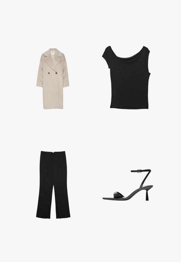 Lyse beige uldblandingsfrakke med dobbeltknappet front, store slag og trekvartærmer. Har to store knapper.; Sort kortærmet top lavet af glat stof; har en draperet halsudskæring og en asymmetrisk kant, med en tætsiddende pasform.; Sorte bukser med lige pasform, der har frontlommer og slidser i kanten. Lavet af blødt, glat stof. Velegnet til forskellige anledninger.; Bershka Højhælede sandaletter / Højhælede sandaler - black