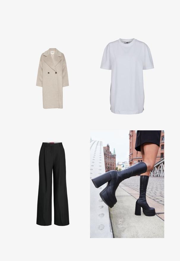 Svijetlo bež kaput od vune s mješavinom materijala, s dvostrukim kopčanjem sprijeda, velikim reverima i rukavima do tri četvrtine. Sadrži dva velika gumba.; Bijela majica kratkih rukava od pamuka, s okruglim izrezom i opuštenim krojem, bez vidljivih uzoraka ili grafike.; Crne široke hlače s krojem po mjeri, koje imaju plisirane detalje i glatku teksturu tkanine. Čiste linije bez vidljivih metalnih dijelova ili ukrasa.; Crne čizme do koljena na platformu od glatke kože, s debelim kvadratnim potpeticama i modernim dizajnom, postavljene u gradskoj pozadini.