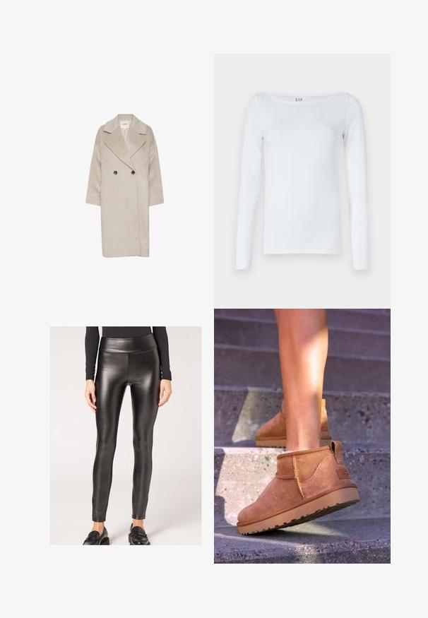 Ljust beige ullblandat kappa med dubbelknäppning, stora slag och trekvartsärmar. Har två stora knappar.; Vit långärmad skjorta i bomullsmix, med rundade halsringning och en slim fit-design. Inga synliga mönster eller detaljer.; Svart konstläder leggings med hög midja, med en slät yta och figurnära design, som har en elegant silhuett och minimala detaljer.; Tan mockasiner med en mjuk textur, sömnadsdetaljer och en gummisula, med en öglad häl för enkel påtagning.