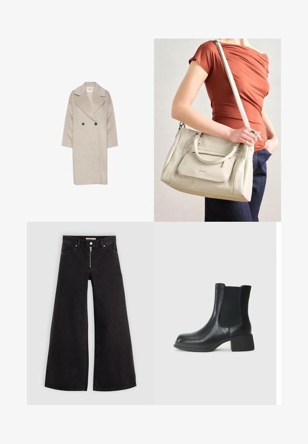 Lichtbeige wollen blend jas met een dubbelgeknoopte voorkant, grote revers en driekwart mouwen. Bevat twee grote knopen.; Witte T-shirt met korte mouwen, een brede ronde hals en een gestructureerd ribpatroon, gemaakt van zachte stof. Het shirt heeft een ontspannen pasvorm en een strakke uitstraling.; Wijdvallende jeans van zwarte denim met een ritssluiting aan de voorkant, vijf zakken en subtiele stikdetails. Soepele textuur en casual stijl.; Zwarte leren enkelboot met elastische zijpanelen, ronde neus en een lage blokhak. Het oppervlak heeft een gladde textuur en minimale details.; Witte leren handtas met dubbele handgrepen en een afneembare schouderband, met een voorzak met rits en een gladde textuur. Draagend aan de arm van een persoon.