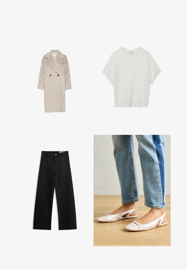 Világos bézs gyapjú keverék kabát, dupla soros gombolással, nagy reverekkel és háromnegyedes ujlarla. Két nagy gombbal rendelkezik.; Fehér, rövid ujjú póló széles kerek nyakkivágással és textúrázott, bordás mintával, puha anyagból készült, laza fazonú és letisztult dizájnú.; Fekete, bő szabású farmernadrág magas derékkal, elülső és hátsó zsebekkel, varrott felületekkel és gombos záródással. Sima textúra.; Világos rózsaszín slingback laposlábú cipők, hegyes orral, sima bőrhatású anyagból készült. Oldalt kivágott részletek találhatók rajta, valamint lapos sarkú.