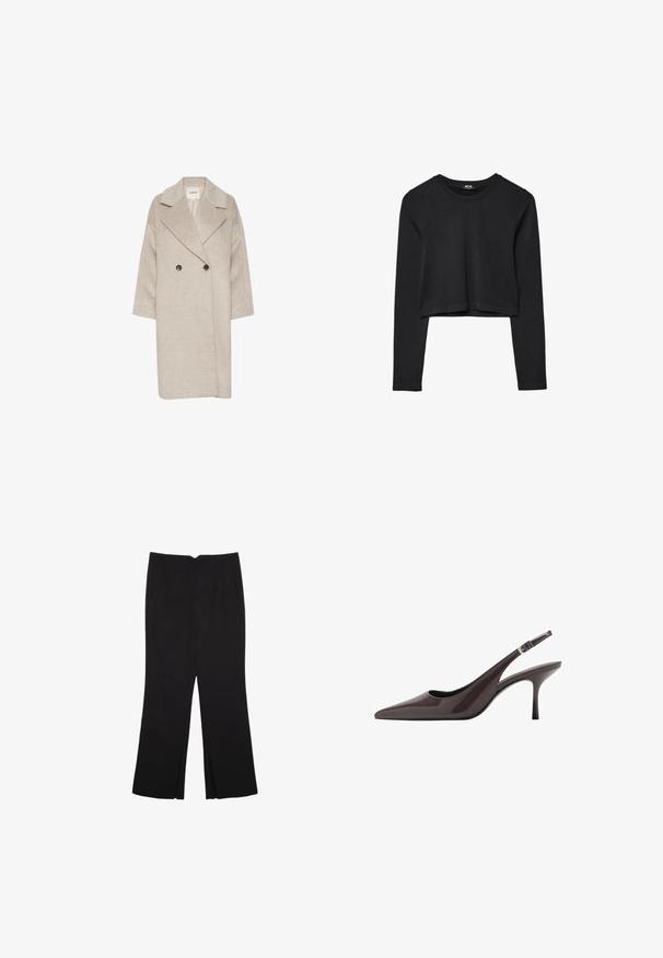 Lyse beige uldblandingsfrakke med dobbeltknappet front, store slag og trekvartærmer. Har to store knapper.; Sort langærmet cropped top med rund halsudskæring, ensfarvet design og let buet kant.; Sorte bukser med lige pasform, der har frontlommer og slidser i kanten. Lavet af blødt, glat stof. Velegnet til forskellige anledninger.; Spidse tå slingback hæle i mørkebrunt patentlæder, med en slank høj hæl og en justerbar ankelrem med spænde.