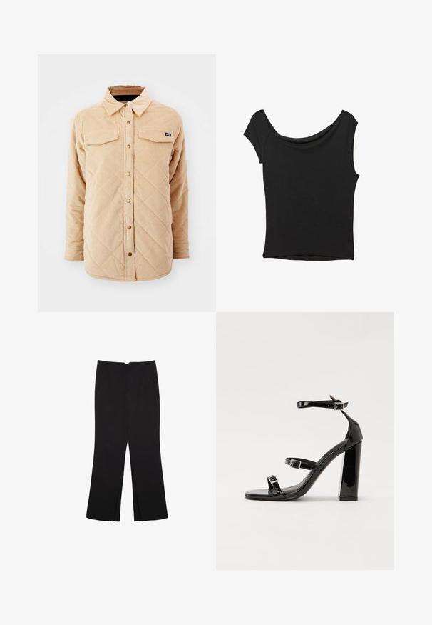 Beige corduroy skjortejakke med quiltet mønster, to brystlommer, knap lukning foran og et lille mærke på venstre bryst.; Sort kortærmet top lavet af glat stof; har en draperet halsudskæring og en asymmetrisk kant, med en tætsiddende pasform.; Sorte bukser med lige pasform, der har frontlommer og slidser i kanten. Lavet af blødt, glat stof. Velegnet til forskellige anledninger.; Sorte laklædersandaler med høje hæle, to spænderemme, firkantet tå og en kraftig blokhæl, der har en glat, blank overflade.