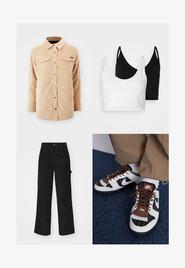 Beige corduroy skjortejakke med quiltet mønster, to brystlommer, knap lukning foran og et lille mærke på venstre bryst.; To bomulds crop tops i hvid og sort. Hver har en dyb udskæring og tynde skulderstropper, der har en glat, blød tekstur.; Sorte kordfløjsbukser med et lige ben-design, der har en knaplukning og sidelommer. Glat tekstur med fine lodrette striber.; Nike sneakers med hvide, sorte og brune materialer. Har en tekstureret brun klaff, stribet design og traditionel snøring med guld accenter.
