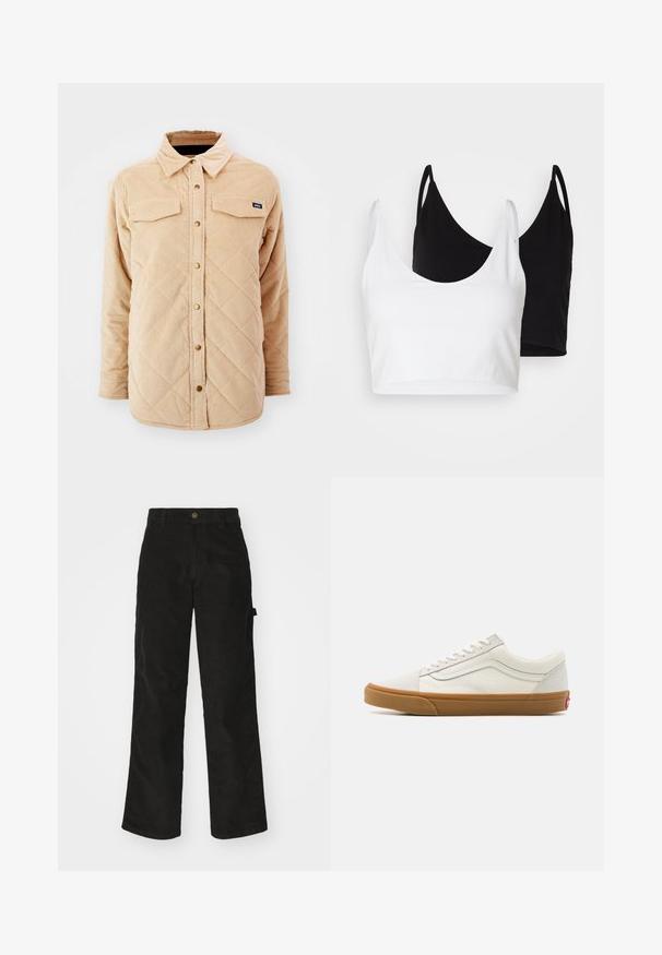 Béžová kordurová košele s prešívaným vzorom, dvoma náprsními vreckami, zapínaním na gombíky a malou značkovou nálepkou na ľavom prsníku.; Dve bavlnené crop tops v bielej a čiernej farbe. Každý má hlboký výstrih a tenké ramienka, s hladkou, jemnou textúrou.; Čierne kordurové nohavice s rovným strihom, ktoré majú zapínanie na gombík a bočné vrecko. Hladká textura s jemnými vertikálnymi pruhmi.; Biele plátenné nízke tenisky s gumovou podrážkou, okrúhlou špičkou, šnurovaním a bočnými koženými pruhmi.
