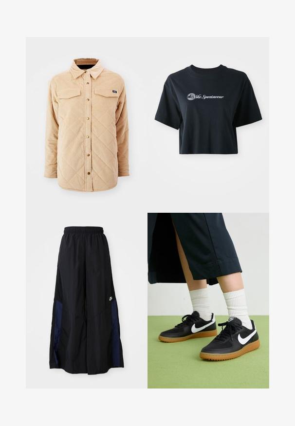 Beige corduroy skjortejakke med quiltet mønster, to brystlommer, knap lukning foran og et lille mærke på venstre bryst.; Afskåret sort bomulds T-shirt med korte ærmer, der har hvid tekst "Vice Sportswear" og et cirkulært grafisk motiv på forsiden.; Sorte vide benbukser lavet af letvægtsstof, med et marineblåt sidepanel og en elastisk talje. Lille hvidt logo nederst.; Sorte læder- og syntetiske sneakers med hvid Nike swoosh, gummisål, rund tå og sorte snørebånd. Ribbede hvide sokker synlige.