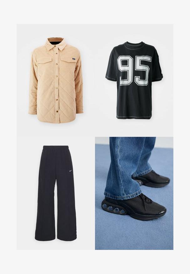 Beige kordfløyelsjakke med quiltet mønster, to frontlommer, knappestolpe foran, og et lite merke på venstre bryst.; Svart bomull T-skjorte med korte ermer, med hvit trykket nummer "95" foran og kontrasterende søm langs kantene.; Svarte vide bukser med elastisk linning og en liten hvit Nike-logo. Stoffet har en glatt tekstur, designet for komfort og uformell bruk.; Svart treningssko med mesh-overdel, teksturerte detaljer og synlige luftputepoder i sålen. Bærer med blå denimjeans.