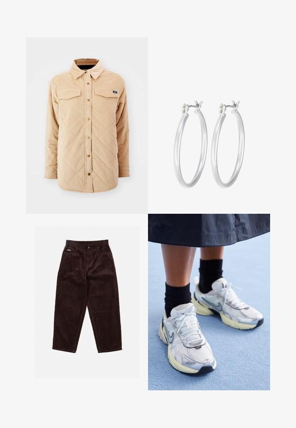 Beige corduroy shirt jacket with a quilted pattern, two chest pockets, button front closure, and a small brand tag on the left chest.; Cropped ribbed top in dark navy, featuring a high neckline and a subtle Nike logo. The fabric has a textured, stretchy appearance.; Brown corduroy pants with a straight leg cut, featuring a front button closure, five pockets, and subtle texture from the fabric's ribbing.; White and silver Nike sneakers with mesh fabric, reflective accents, and a beige sole. Worn with black socks, standing on a blue surface.; Silver hoop earrings with a smooth, polished finish. Round shape and secure click-top closure. Lightweight design suitable for everyday wear.