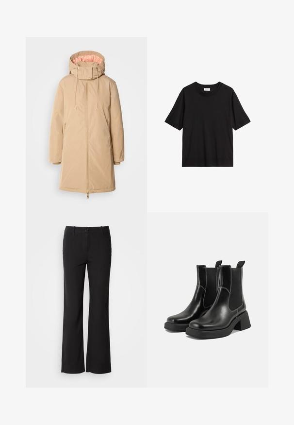 Beige langer Parka mit Kapuze, der über eine glatte Oberfläche, goldene Reißverschlüsse und ein kontrastierendes, weiches pinkes Innenfutter verfügt.; Schwarzes T-Shirt mit kurzen Ärmeln und klassischem Rundhalsausschnitt, aus einem weichen Stoff gefertigt, mit lockerer Passform und minimalistischem Design.; Schwarze Baumwollmischungshose mit geradem Bein, vorderem Knopfverschluss und zwei Seitentaschen. Glatte Textur, keine sichtbaren Muster.; Schwarze Leder Chelsea-Stiefel mit einem klobigen Absatz, elastischen seitlichen Einsätzen und kontrastierendem weißen Nähten. Strukturierte Oberfläche.