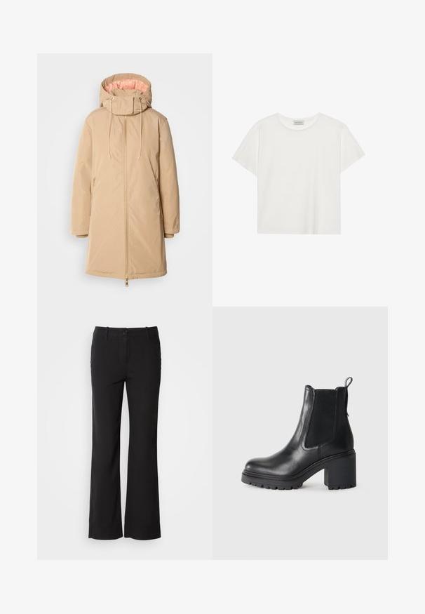 Světle béžová dlouhá parka s kapucí, která má hladký povrch, zlaté zipy a kontrastní měkkou růžovou podšívku.; Bílé tričko s krátkým rukávem vyrobené z měkké bavlny. Má kulatý výstřih a volný střih. Čistý design bez viditelných vzorů nebo akcentů.; Černé kalhoty z bavlněné směsi se střihem rovného nohavice, se zapínáním na knoflík vpředu a dvěma bočními kapsami. Hladká textura, žádné viditelné vzory.; Černé kožené kotníkové boty s hrubým podpatkem, elastickými bočními panely a poutkem vzadu. Texturovaná podrážka pro lepší přilnavost.
