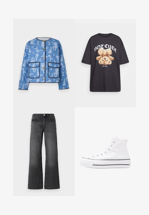 Chaqueta azul acolchada con patrones florales y de paisley en blanco, que cuenta con dos bolsillos frontales, botones y ribetes negros a lo largo de los bordes.; Camiseta negra de gran tamaño con un gráfico de un oso y el texto "NO LINDO SINO SALVAJE" en letras blancas y en negrita. Material de algodón.; Jeans de pierna ancha en denim gris oscuro. Presenta cinco bolsillos, un cierre de botón y un desgaste sutil en la tela. Acentos de costura clásica.; Zapatilla de lona alta blanca con suela de goma negra, puntera de goma frontal y seis ojetes para los cordones, que presenta un diseño limpio y minimalista.
