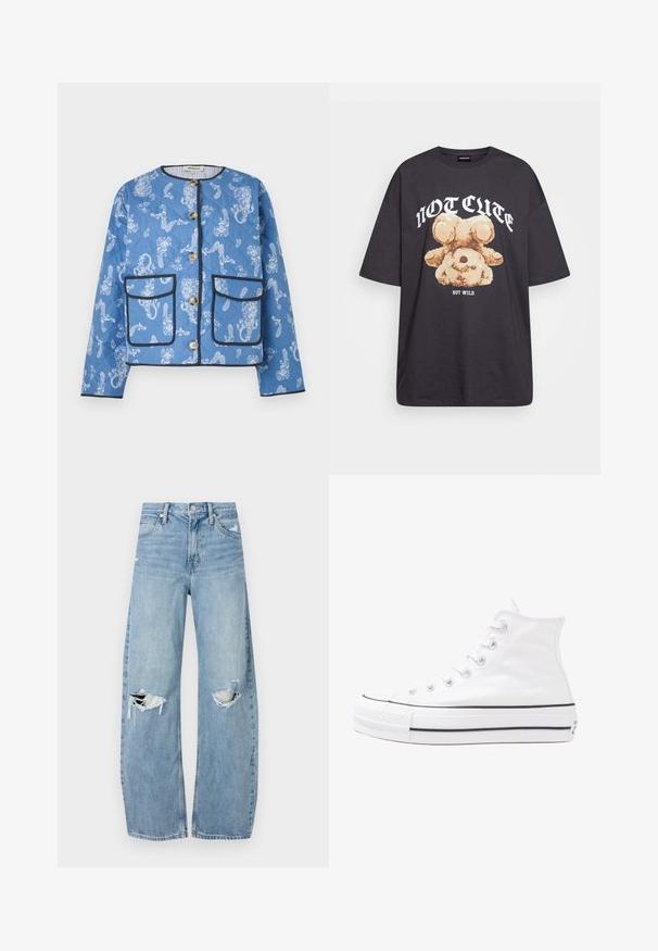 Plavi jakna s ukrasnim prošivom i bijelim cvjetnim i paisley uzorcima, s dvije prednje džepove, gumbima i crnim obrubima duž rubova.; Crna oversized majica s grafikom medvjeda i natpisom "NIJE SLATKO, ALI DIVLJE" u podebljanim, bijelim slovima. Pamuk.; Svijetloplave, visoko-strukirane traperice. Imaju široke nogavice, dva razderana područja na koljenima i klasičan stil s pet džepova.; Bijela visoka platnena tenisica s crnom gumenom potplatom, prednjim gumenim zaštitnikom prstiju i šest rupa za vezanje, s čistim, minimalističkim dizajnom.