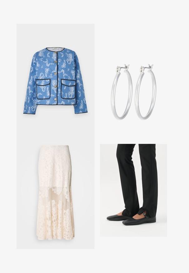 Quilted blå jakke med hvide blomster- og paisleymønstre, der har to frontlommer, knapper og sort piping langs kanterne.; Sort tanktop lavet af blødt, strækbart materiale. Har en rund halsudskæring og brede stropper, med en tætsiddende silhuet og glat tekstur.; Blomsterdenim midi-skirt i crème; har et lagdelt design med gennemsigtige sektioner, struktureret blonder og en udfladning. ; Sorte læder balletflade sko med spids tå, rem med sølvspænde, parret med sorte skræddersyede bukser med slids i bunden.; Sølv hoop øreringe med en glat, poleret overflade. Rund form og sikker klik-lukning. Letvægtsdesign, der er velegnet til hverdagsbrug.