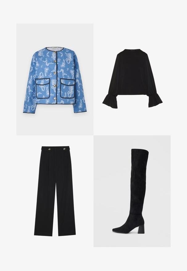 Veste bleu matelassée avec des motifs floraux et paisley blancs, dotée de deux poches avant, de boutons et d'un passepoil noir le long des bords.; Top noir à manches longues avec des poignets évasés, texture douce et coupe décontractée, doté d'un col rond simple.; Pantalons larges noirs à taille haute, avec des détails de boutons à la taille et des plis sur le devant.; Botte noire en daim montée jusqu'au genou, avec un talon bloc, un bout pointu et un design lisse et sans couture sur un fond clair.