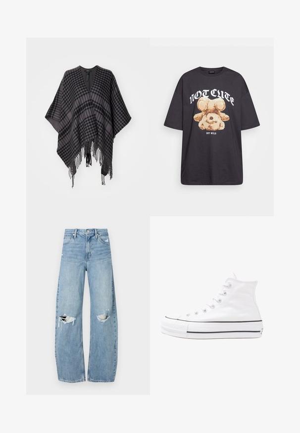 Karirana pončo v odtenkih sive in črne, s frufru robom in ohlapnim, odprtim dizajnom. Narejen iz mehkega blaga za udobno nošenje.; Črna oversized majica s kratkimi rokavi, na kateri je grafika medveda z besedilom „NI SRČKAN VKLJUČNO Z DIVJIM“ v poudarjenem belem tisku. Material: bombaž.; Svijetloplave traperice visoki struk. Imaju široke nogavice, dva poderana područja na koljenima i klasičan petotoksi stil.; Beli visoki platneni športni čevelj z črnim gumijastim podplatom, sprednjim gumijastim zaščitnikom za prste in šestimi luknjicami za vezalke, ki se ponaša s preprostim, minimalističnim dizajnom.