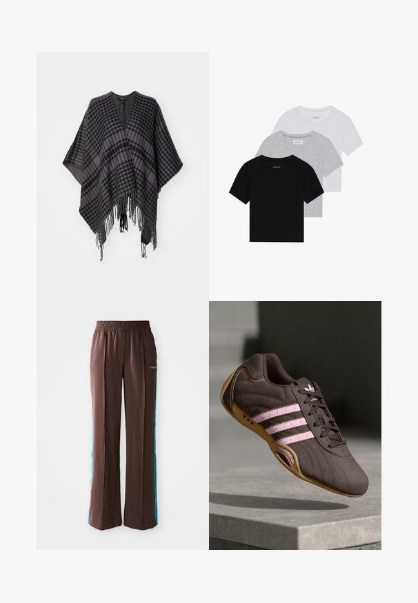 Ruudullinen poncho harmaan ja mustan sävyissä, jossa on frillireunus ja löysä, avoin muotoilu. Valmistettu pehmeästä kankaasta mukavaa käyttömukavuutta varten.; Kolm lyhythihaista t-paitaa mustana, harmaana ja valkoisena. Valmistettu puuvillasta, jossa on pyöreä kaula-auko ja yksinkertainen, tasavärinen muotoilu.; Ruskeat urheiluhousut, joissa on ribattu rakenne, joustava vyötärö ja turkoosit sivusuunnat. Edessä on adidas-logo.; Ruskea mokkanahkainen urheilukenkä, jossa on vaaleanpunaiset raidat ja logo. Kengässä on teksturoitu päällinen, nauhakiinnitys ja kuminen pohja.