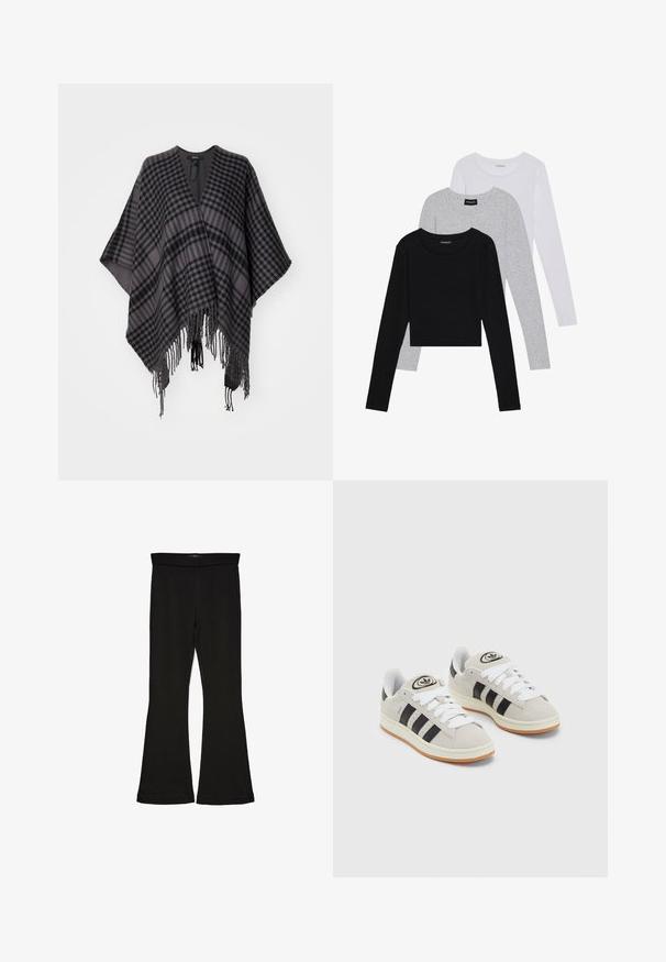 Pilkas ir juodas languotas pončas su pūkeliu, puikiai tinkantis atsipalaidavimui. Pagamintas iš minkštos medžiagos, užtikrinančios patogų dėvėjimą.; Trijų ilgomis rankovėmis marškinėlių krūva: juodas, pilkas ir baltas. Kiekvienas turi apvalų iškirpimą ir trumpą dizainą, pagamintas iš lygaus, lengvo audinio.; Juodos flared tipo legginsai, pagaminti iš tamprios medžiagos. Yra platus juosmuo ir lygus paviršius, su prie kūno priglundančiu siluetu, kuris pločiasi ties apatine dalimi.; Grynos zomšos sneakeriai su baltais raišteliais, juodomis juostelėmis ir balta gumine sole. Turintys apskritą logotipą ant liežuvėlio ir guminę sole.
