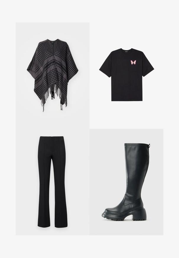 Plaid poncho in shades of grey and black, featuring a fringe hem and loose, open design. Made of soft fabric for comfortable wear.; Black cotton t-shirt with short sleeves, featuring a small pink butterfly graphic on the left chest. Crew neck design with a relaxed fit.; Black flared trousers with a ribbed texture and fitted waist. The design features vertical seams for a streamlined look. No visible hardware.; Tall black leather boot with chunky platform sole and block heel, featuring pull tab and textured tread on outsole.