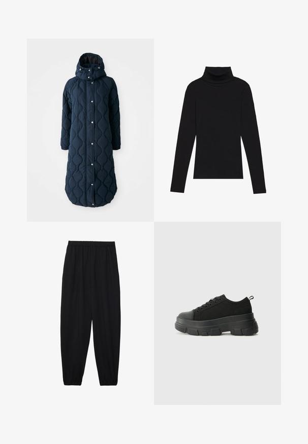 Quiltet, mørkeblå lang frakke med hætte, der har trykknapper, elastiske manchetter og et mønstret tekstur for ekstra varme.; Sort højhalset bluse med lange ærmer, lavet af ribbet stof, har et tætsiddende design med en høj krave og uden mønstre eller detaljer.; Sort, lette bukser med elastisk talje og sammenfoldede ankler. Stoffet er glat og har et afslappet, indsnævret design.; Sorte sneakers med en kraftig gummisål, tekstureret stofoverdel, rund tå og snørredesign. Har forstærkede snørrehuller og en trækkrog bagpå.
