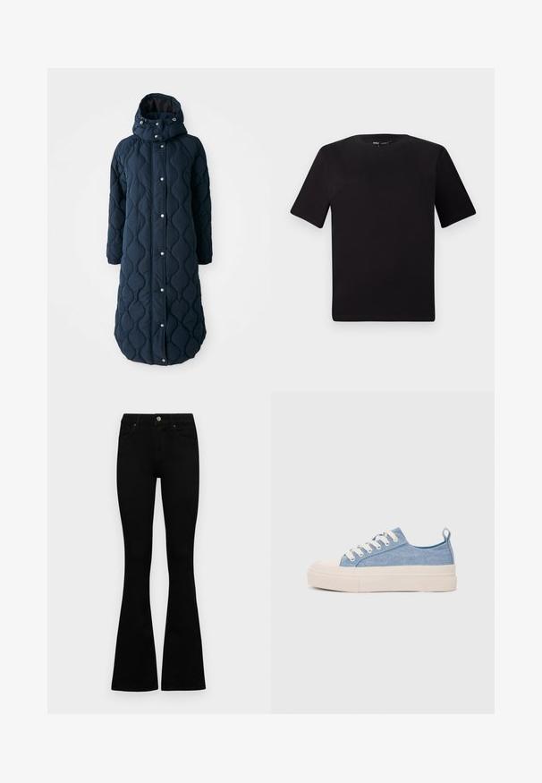 Gequilted, donkerblauwe lange jas met een capuchon, voorzien van drukknopen, elastische manchetten en een gemustreerd textuur voor extra warmte.; Zwarte T-shirt met korte mouwen en een ronde hals, gemaakt van zachte katoenstof. Eenvoudig ontwerp, geen zichtbare logo's of patronen.; Zwarte hoge taille jeans met een knoop- en ritssluiting, voorzakken en een flared pijp, plat gelegd op een witte achtergrond.; Lichtblauwe canvas sneakers met een crème rubberen neuskap en zool, voorzien van witte veters en een trekstrip op de hiel.