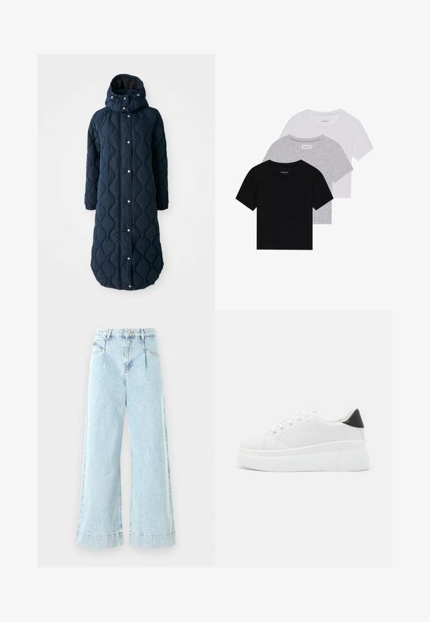 Prošívaný dlouhý kabát tmavě námořnické barvy s kapucí, vybavený patentkami, elastickými manžetami a vzorovanou texturou pro zvýšení tepla.; Sada tří triček s krátkým rukávem v černé, šedé a bílé barvě. Vyrobena z bavlny, s kulatým výstřihem a jednoduchým jednobarevným designem.; Světle modré široké džíny vyrobené z denimové látky, s vysokým pasem, předními kapsami a prošívanými detaily na lemu.; Bílé platformové tenisky vyrobené z hladkého syntetického materiálu, s kulatou špičkou, šněrováním a texturovanou gumovou podrážkou. Černý akcent na patě.