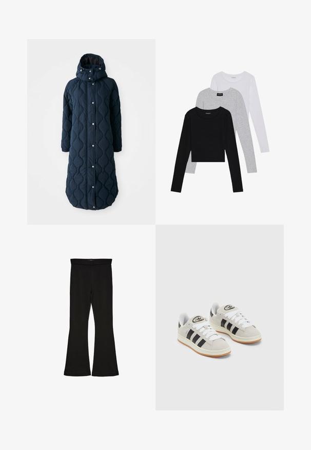 Quiltet, mørkeblå lang frakke med hætte, der har trykknapper, elastiske manchetter og et mønstret tekstur for ekstra varme.; Tre langærmede toppe stablet: sort, grå og hvid. Hver har en rund halsudskæring og et cropped design med glat, let stof.; Sorte flared leggings lavet af strækbart stof. Har en bred talje og en glat tekstur, med en tætsiddende silhuet der bredder sig ved sømmen.; Grå ruskinds sneakers med hvide snørebånd, sorte striber og en hvid gummisål. Har et rundt logo på tungen og en gummisål.