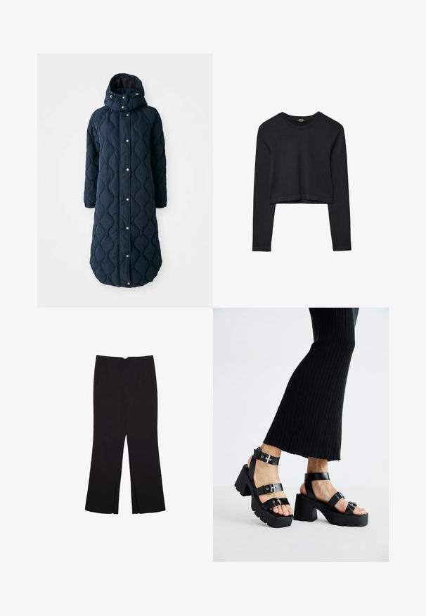 Prošívaný dlouhý kabát tmavě námořnické barvy s kapucí, vybavený patentkami, elastickými manžetami a vzorovanou texturou pro zvýšení tepla.; Černý dlouhý rukáv cropped top s kulatým výstřihem, jednoduchý design a mírně zaoblený lem.; Černé kalhoty s rovným střihem, s předními kapsami a bočními rozparky na lemu. Vyrobené z jemné, hladké tkaniny. Vhodné na různé příležitosti.; Černé platformové sandály s robustními podrážkami a několika řemínky, s kovovými sponami a hladkým koženkovým povrchem.
