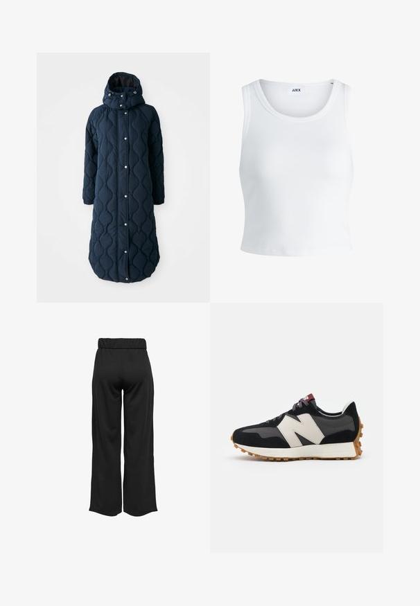 Abrigo largo acolchado de un hermoso azul marino con capucha, que cuenta con botones de presión, puños elásticos y una textura con patrones para mayor calor.; Top de tirantes blanco con canalé, con un cuello redondo, diseño sin mangas y largo corto. La etiqueta dice "JJXX". Textura de tela suave.; Pantalones negros de pierna ancha con cintura elástica, fabricados en un tejido suave. Presentan un diseño limpio sin bolsillos ni detalles de costura visibles.; Zapatillas de ante negras y grises con un gran logo "N" en color crema, cordones morados y una suela de goma texturizada en color marrón.