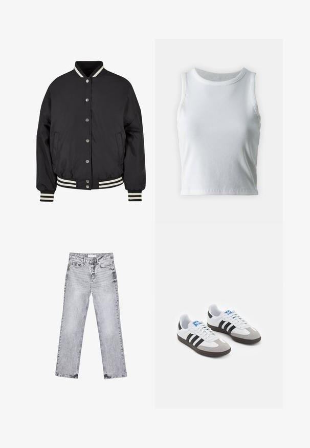 Urban Classics Bomberjacks - black; Witte geribde tanktop met een ronde halslijn en mouwloos ontwerp, voorzien van een rechte zoom en een gladde, rekbare textuur.; Grijze denim jeans met een rechte pijp, versleten details, vijf zakken en koperen klinknagels. De tailleband is voorzien van een logo-label.; Sportschoenen met een witte leren bovenkant, grijze suède neus en drie zwarte strepen. Bevat een blauw logo op de tong en een gestructureerde rubberen zool.