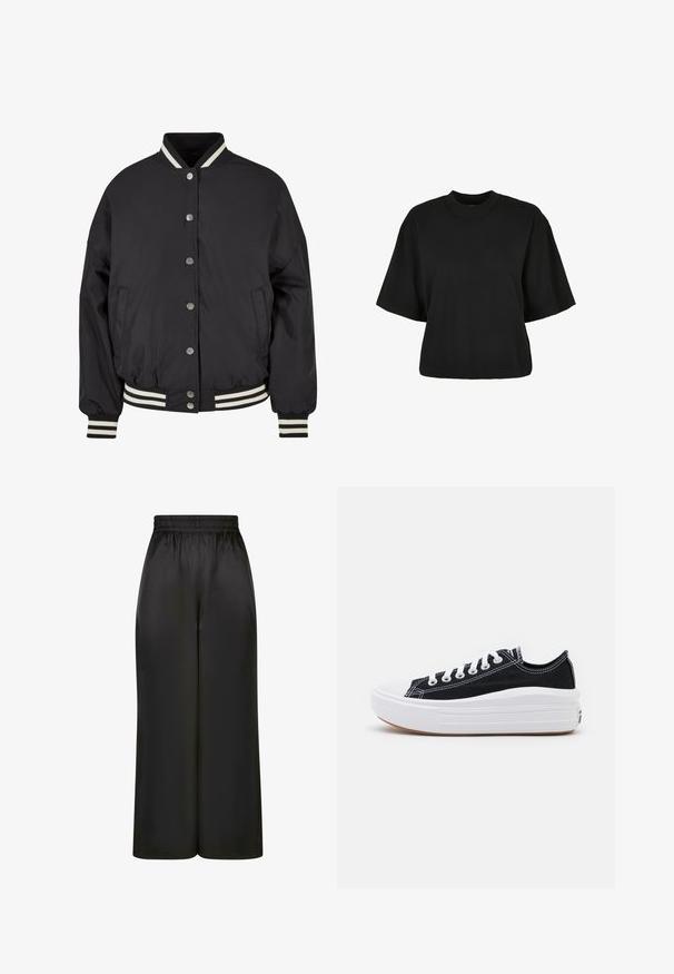 Urban Classics Bomber jakna - black; Črna kratka majica iz bombaža. Ima kratke roke in okroglo izreza. Gladka tekstura z enostavnim dizajnom, brez dodatnih vzorcev.; Črne široke hlače iz gladkega, sijočega materiala z elastičnim pasom in brez vidnih žepov ali kovinskih detajlov.; Črne platnene športne copate z belimi vezalkami, belim gumijastim prstnim zaščitnikom in masivnim belim srednjim podplatom. Imajo subtilne bele šive in gumijast podplat.