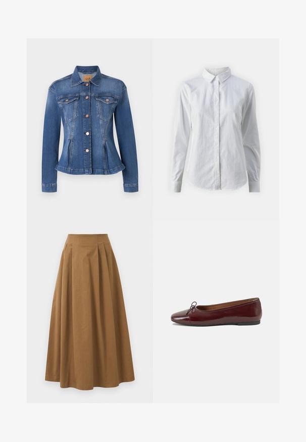 Denim-takki keskipäivän sinisessä, jossa on istuva vyötärö, kaksi rintataskua, kuparinväriset napit ja terävä kaulus. Vahingoittuneita yksityiskohtia helmojen lähellä.; Valkoinen napitettava paita, joka on valmistettu sileästä puuvillasta. Paidassa on klassinen kaulus, pitkät hihat ja kaareva helma. Nappien koko on pieni ja ne ovat valkoiset.; Ruskea puuvillainen A-linjainen hame korkealla vyötäröllä, jossa on laskokset edessä ja sileä pinta. Helma on viimeistelty siististi ja yksinkertaisesti.; Burgundin värinen lakattu nahkainen ballerinatossu pyöreällä varvaskärjellä, pienen nauhan yksityiskohdalla edessä ja matalalla mustalla kumipohjalla. Sujuva pinta.