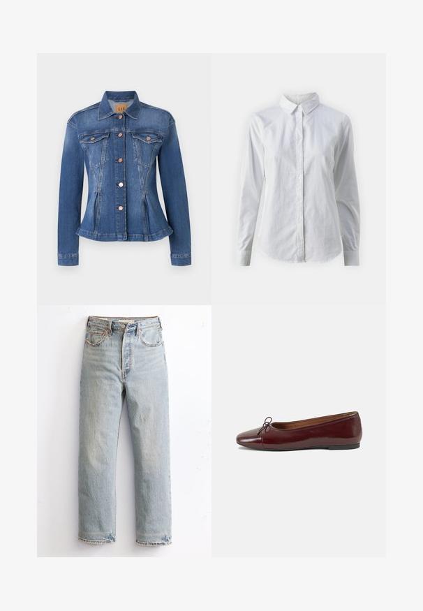 Jeansjacke in mittlerem Blau mit tailliertem Schnitt, zwei Brusttaschen, kupferfarbenen Knöpfen und spitzem Kragen. Abgenutzte Akzente in der Nähe der Säume.; Weißes Hemd mit Knöpfen, aus glattem Baumwollstoff, mit klassischem Kragen, langen Ärmeln und abgerundetem Saum. Die Knöpfe sind klein und weiß.; Helle blaue Jeans mit geradem Bein, ausgestattet mit einem ausgefransten Saum, kupfernen Nieten und einem klassischen Fünf-Taschen-Design.; Burgunderfarbenes, lackiertes Ballettschuh mit abgerundetem Zehenbereich, kleiner Schleifenakzent vorne und einer niedrigen, schwarzen Gummisohle. Glatte Textur.